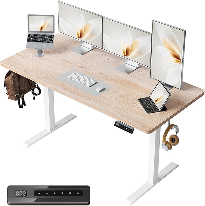 FEZIBO One-Piece Standing Desk Adjustable Height Stand up Home Office Desk, 55x24 Inch Electric Standing Computer Desk, with 4 Memory Presets, Fixable casters, Maple-DeskLoop Office