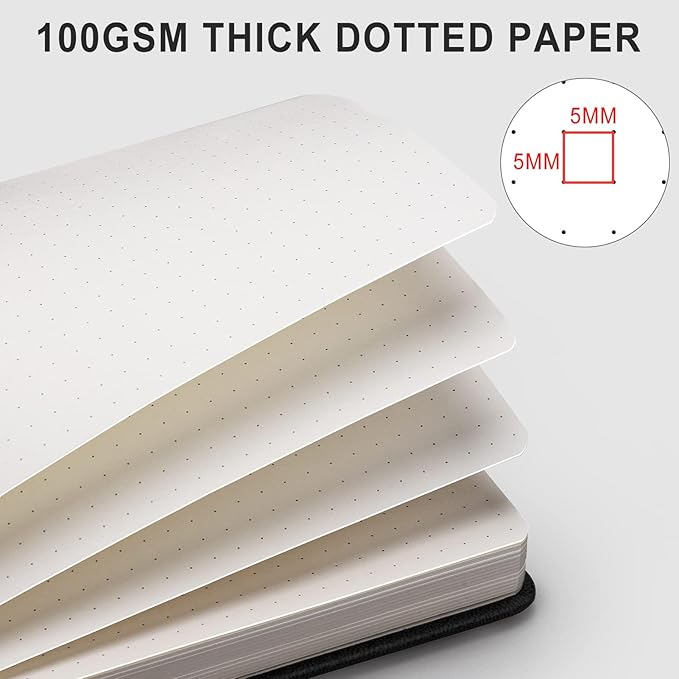 AHGXG Bullet Dotted Journal - 320 Numbered Pages Dot Grid Notebook A5 Thick Journal, 100gsm Thick Dotted Paper, Leather Hardcover,Inner Pocket, 5.75'' × 8.38'' - Black-DeskLoop Office