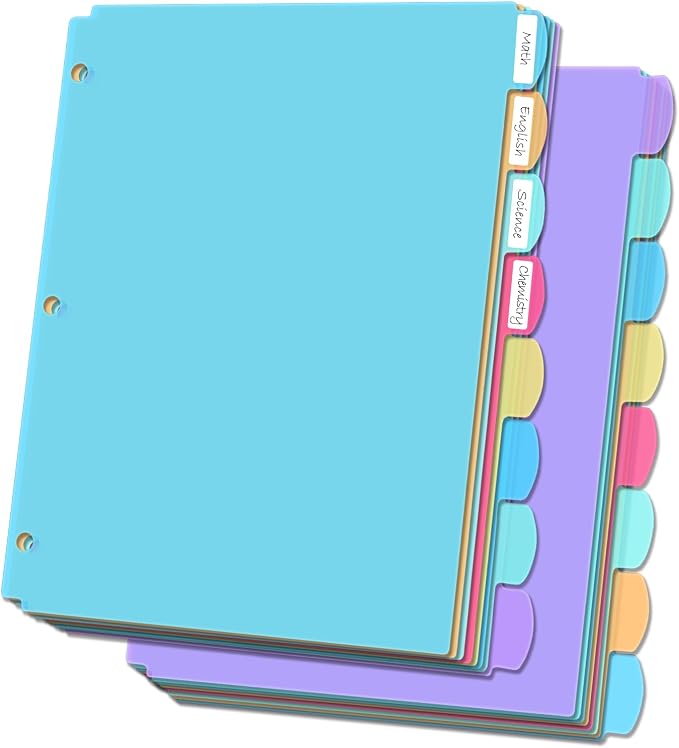8-Tab Plastic Dividers for 3 Ring Binders, Write & Erase, Folder Dividers by Clipique
