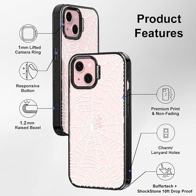 MOSNOVO Case for iPhone 15, [10ft 4X Military-Grade Drop Protection] Durable & Shockproof Phone Case Cover Design for iPhone 15 - Spider Web - Clear Black