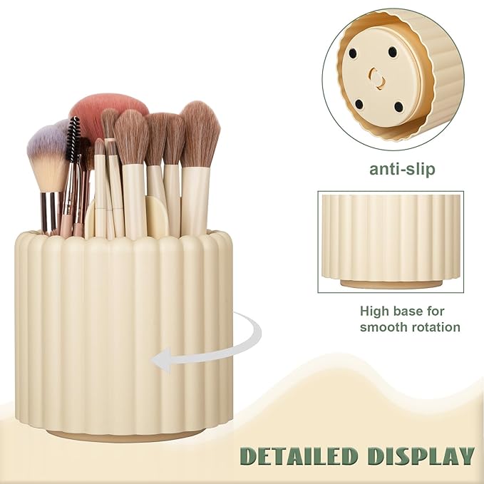 Anyoifax 360 Rotating Makeup Brush Holder 7 Slots Make Up Brush Organizer Removable Spinning Cosmetic Brushes Storage Pen Holder for Vanity, Dresser, Desk, Beige-DeskLoop Office