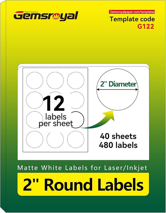 Gemsroyal 2 Inch Round Labels Printable, Matte White Printable Stickers by Gemsroyal