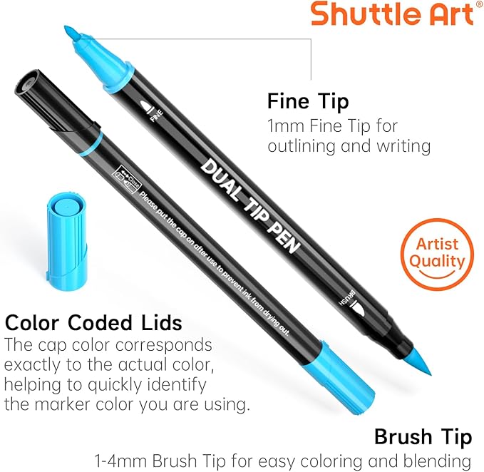 Shuttle Art Dual Tip Brush Marker Pens, 25 Colors Water-based Ink, Fine and Brush Tip Marker Set with 1 Coloring Book for Kids Adult Artist Calligraphy Hand Lettering Journal Doodling Writing-DeskLoop Office