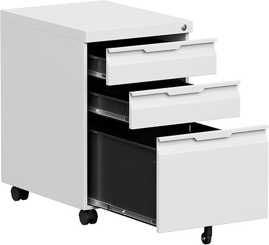 Bestoo 3 Drawer Mobile File Cabinet, Metal Filing Cabinets with Lock Wheels Under Desk, Lockable Rolling File Cabinet for Home Office, Fit Letter/Legal/A4 Size (White)