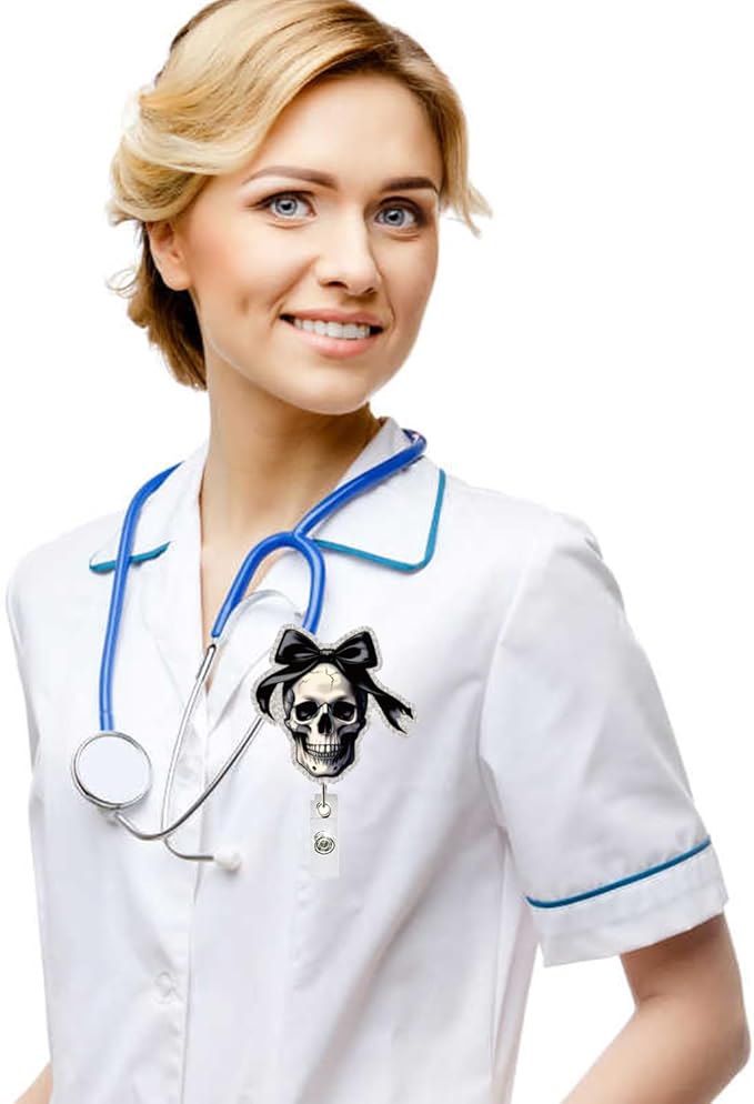 Halloween Skull Badge Reel Retractable for Nurse Nursing Student Medical Worker & Office Staff Acrylic Alligator Clip Badge Reel Halloween Skeleton with Bow ID Card Badge Holder Gifts-DeskLoop Office