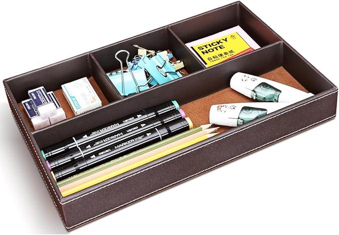 KINGFOM Pu Leather Desk Organizer Tray, 4 Compartment Office Storage Supplies Stationery Drawer Tray, Nightstand Bedside Tray for Key, Wallet, Watch, Coin, Phone Valet Tray Stackable-DeskLoop Office