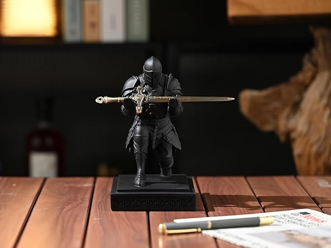 Medieval Armored Warrior Knight Pen Holder Desk Organizers and Accessories Resin Pencil Holder Paperweight as Gift with a Cool Letter Opener for Desk (Black)-DeskLoop Office