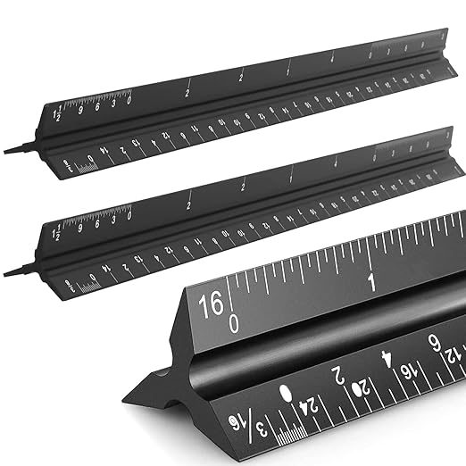 KEILEOHO 3 Pack Architectural Scale Ruler, 12 Inches Imperial Aluminum Architect Scale, Laser-Etched Triangular Drafting Ruler Drawing Ruler Tools for Architects, Engineers, Contractors, Black-DeskLoop Office