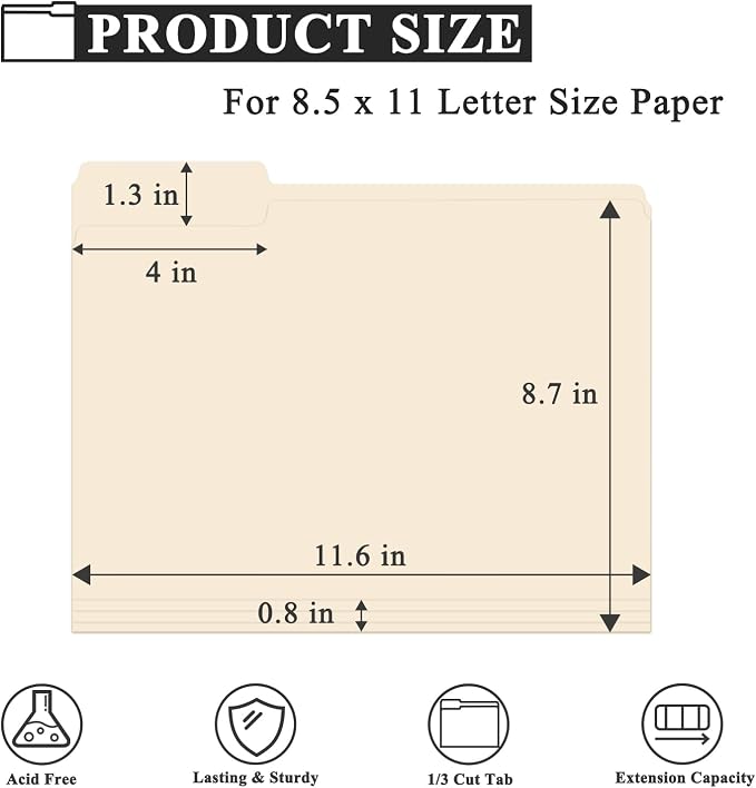 Manila Folders 8.5 x 11 | 1/3 Cut File Folders Letter Size | Manilla File - Image 6