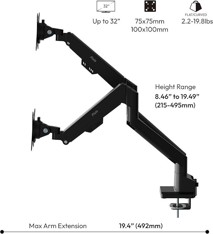 Pixio PS1D Wave Black Dual Monitor Arm Stand Desk Mount - Fits up to 32 inches Monitors and up to 19.8lbs. VESA Compatibility and Integrated Cable Management-DeskLoop Office
