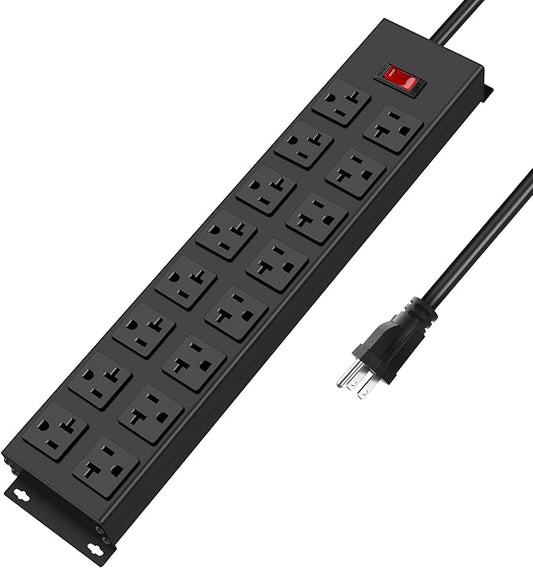 JUNNUJ Heavy Duty 20 Amp Power Strip with Surge Protection 3000J, Garage 16 Outlets Metal 12 Gauge, Desk Strips Wide Spaced, High Amp 5-15P Adapter Shop 6-20R T-Slot Industrial Outlets (16AC, 6FT)-DeskLoop Office