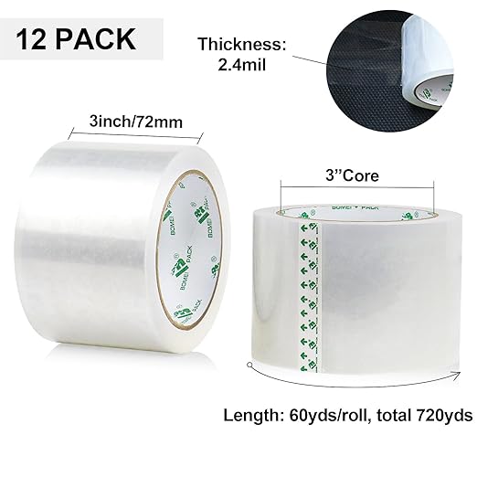 BOMEI PACK 3 inch Wide Heavy Duty Packing Tape, 2.4 Mil 3.0 Inch x 60 Yards, 12 Refills Rolls Clear Box Tape for Moving, Shipping, Mailing and Packaging-DeskLoop Office