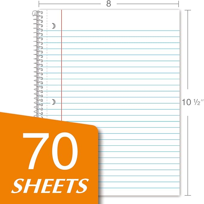 KAISA 1-Subject Wirebound Notebook Spiral Note Book, 8x10.5inch Wide Ruled 70sheets/pad Wire Notebooks Office School Supplies for Students Office, Pack of 6Pads, S07001W