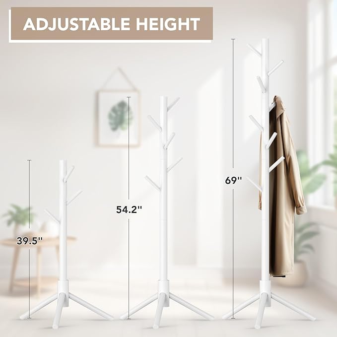 Wooden Tree Coat Rack Stand,Sturdy Freestanding Coat Rack with 8 Hooks,3 Adjustable Height for Child Adult,Wood Coat Stand Tree Fits Entryway Bedroom Office for Bags,Hats-DeskLoop Office