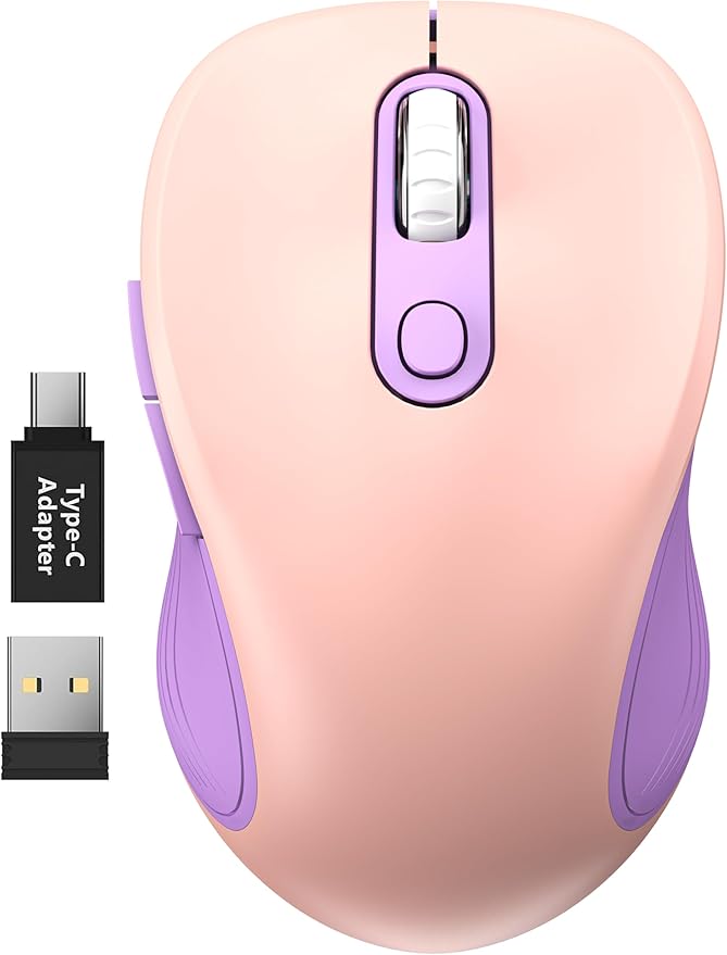 WisFox 2.4G Wireless Mouse for Laptop, Ergonomic Computer Mouse with USB Receiver and Type-C Adapter, 3 Adjustable Levels DPI, 6 Button Cordless Wireless Mice (Purple and Pink, 1 Pack)-DeskLoop Office