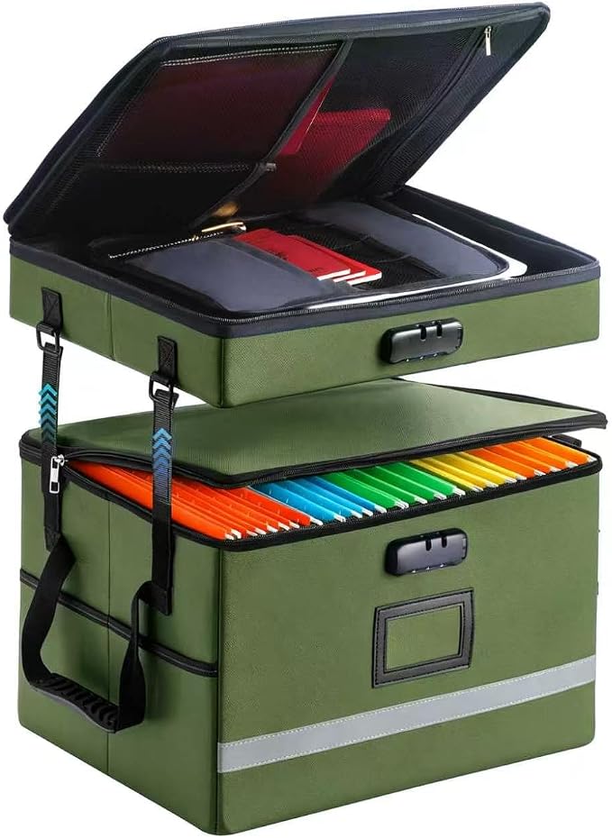 EXLIFBAG 2 Layer File Box with Lock, Portable Document Organizer Box with Handle by EXLIFBAG
