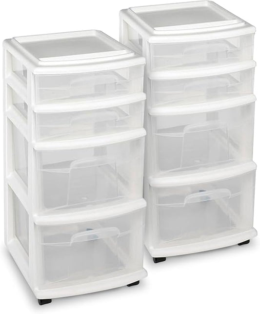 HOMZ 2-Pack Drawer Tower, 4-Tier Clear Plastic Storage Organizer Cart, and by Homz