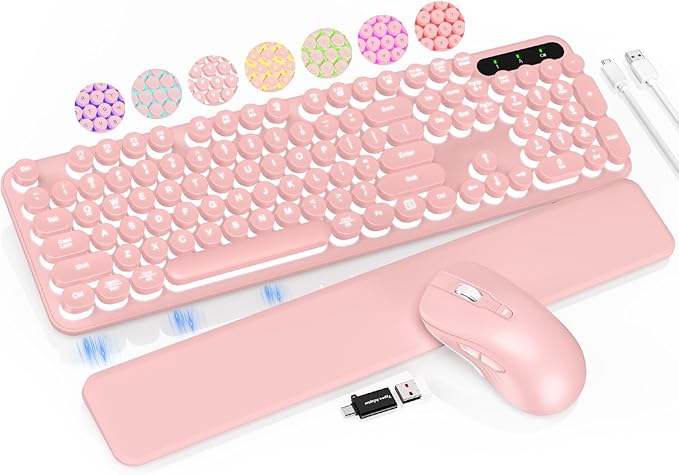 Wireless Keyboard and Mouse Backlit - Typewriter Keyboard with Retro Round Keycaps, Detachable Wrist Rest, Light Up Letters, 2.4G Rechargeable Combo for Mac, Windows, PC, Laptop, Trueque (Pink)-DeskLoop Office