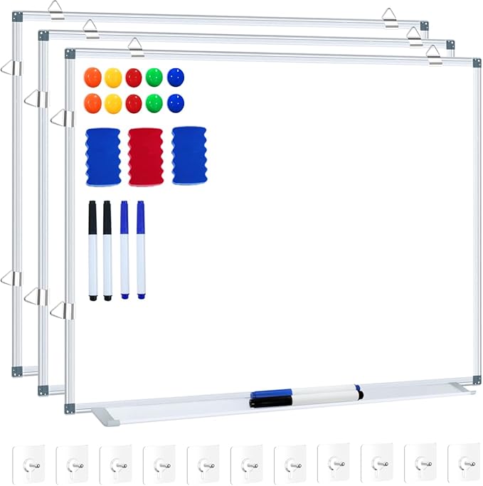 H-Qprobd White Board Dry Erase Whiteboard for Wall 24x18 (3pcs) Magnetic Boards for Office Classroom & Home, Small Wall Whiteboard Including 6 Markers, 10 Magnets, 2 Erasers & 15 Adhesive Hooks-DeskLoop Office