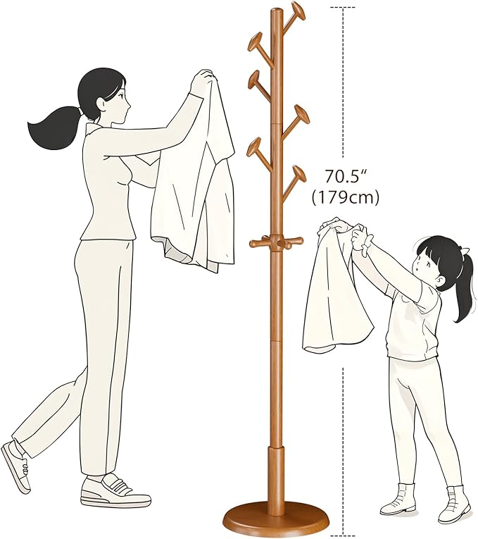 Solid Wood Coat Rack Freestanding Coat Tree with 10 Hooks for Bedroom, Livingroom, Entryway, Sturdy Coat Hanger Stand for Hats, Coats, Scarves, Handbags, Purses-DeskLoop Office