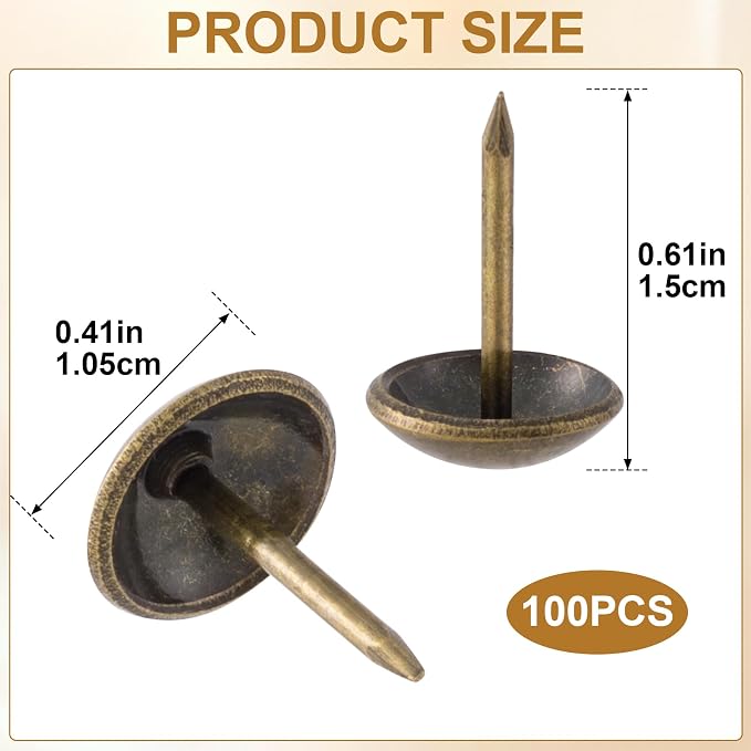 100pcs Metal Thumb Tacks, Heavy Duty Round Head Push Pins, Vintage Upholstery - Image 2