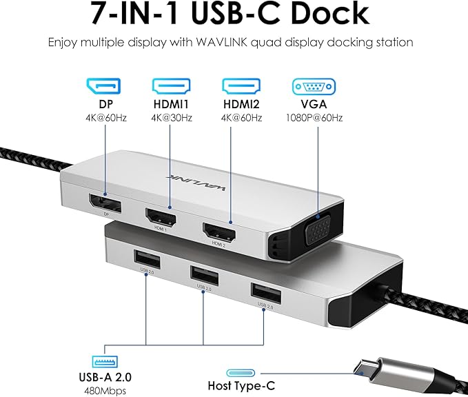 WAVLINK USB C Docking Station for MacBook Dell XPS 13/15, Lenovo Yoga, HP Laptops, USB C to Dual HDMI Monitors for Windows, Dual HDMI, Displayport, VGA, 3 USB 2.0 Ports, Silver-DeskLoop Office