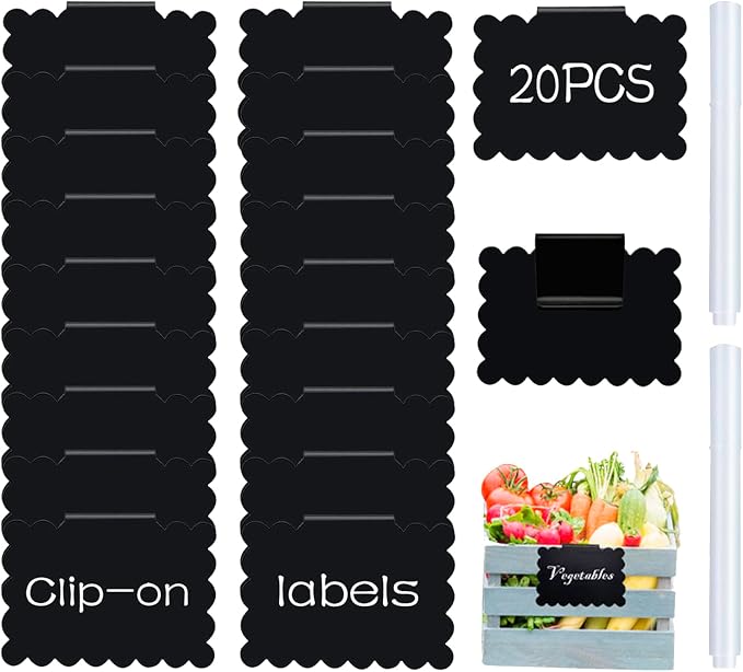 20 Reusable Basket Labels with Clip-On Design, Includes 2 White Chalk Markers by badigo