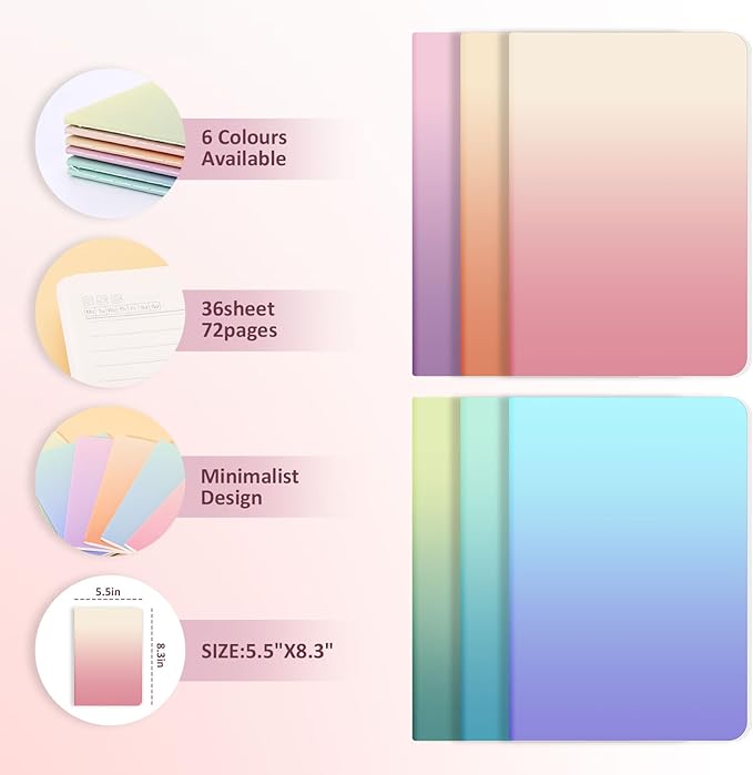 Ddaowanx Notebooks,Lined Paper Journals in Bulk, 72 Pages, 36 Sheets, 80GSM, 8.3x5.5 Inch, A5 Size, Travel Writing Notebooks for Office School Supplies (Lined-24pack, Gradient)-DeskLoop Office
