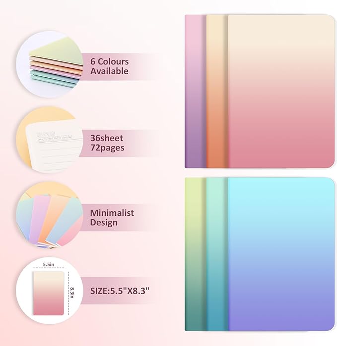 Ddaowanx Kraft Notebooks, Journals in Bulk, Lined Paper, 72 Pages, 36 Sheets, 80GSM, 8.3x5.5 Inch, A5 Size, Travel Writing Notebook for Office School Supplies (Lined-48pack, Gradient)-DeskLoop Office