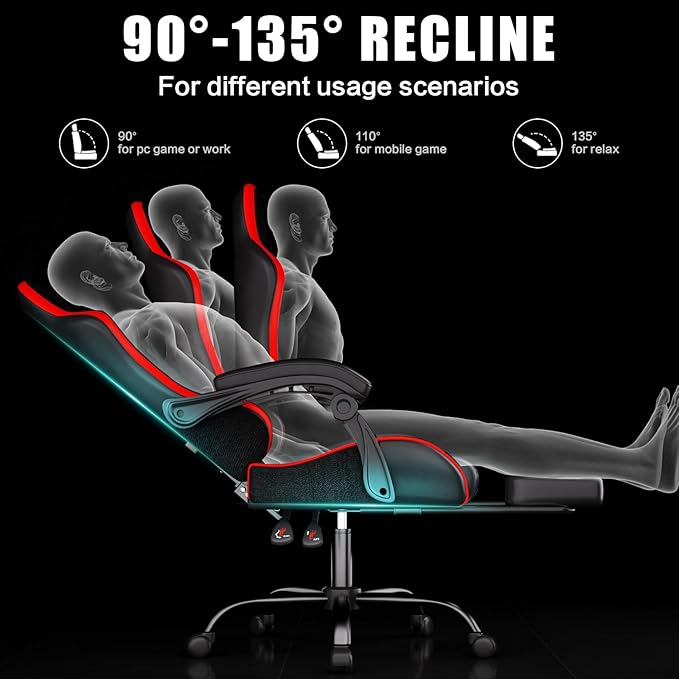 Gaming Chair, Ergonomic Office Computer Chair with Footrest and Lumbar Support Massager Racing Style High Back Video Gamer Chair, Wide＆Thick Cushion, 90°-135° Recline, Adjustable Height, Red-DeskLoop Office