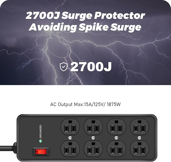 HEZI 8 Outlet Heavy Duty Power Strip, 15Amp Metal Mountable Surge Protector (2700J), Industrial Wall Mount Power Strip for Home, Office, Garage & Workshop, 15FT 14AWG Extension Cord-DeskLoop Office