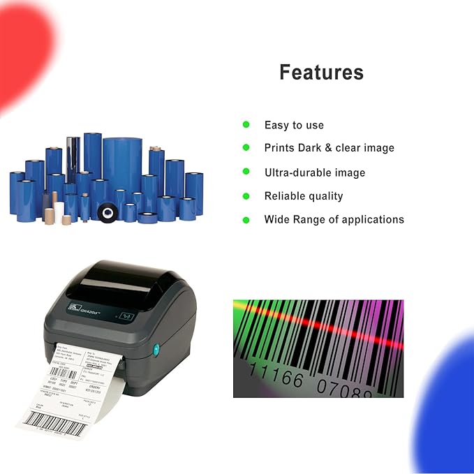 4 Rolls 4.33'' x 244' Premium Resin Enhanced Wax Ribbon, 110mm x 74m Black Thermal Transfer Ribbon, Desktop Barcode Thermal Label Printer Ribbons, 1/2'' Core, for Zebra GC, GK, GX, ZD & Eltron-DeskLoop Office