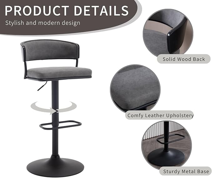 Adjustable Modern Bar Stools Set of 2 Faux Leather Barstools Swivel Counter Height Bar stools with Curved Back/Black Metal Base Comfy Upholstered Bar Chairs for Kitchen Island, Grey-DeskLoop Office