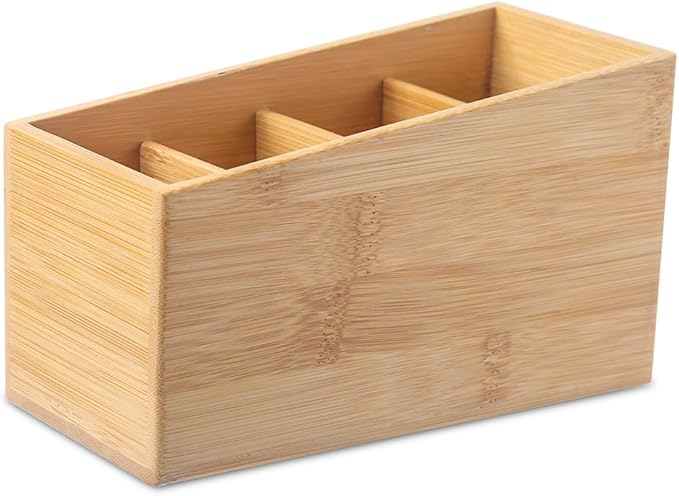 Bamboo Wood Pens Pencils Holder Cup for Desk Remote Control Holder, Caddy,Organizer,Desktop Storage with 4 Compartments,Multiuse for Store TV Remotes,Game Console,Phones,Office Supplies (4 Grid)-DeskLoop Office