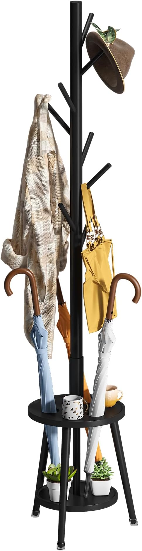 FILWH Freestanding Coat Rack with Umbrella Organizer Tray Bamboo Coat Tree Rack with 8 Hook Stand for Clothes Bag Hats Entryway Hanger Stand(Black)-DeskLoop Office