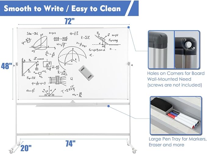 FORTUNO Large Magnetic Mobile Whiteboard 72"x48", Rolling Double Sided Stand Whiteboard on Wheels, Reversible Adjustable Height/Angle Dry Erase Board 6' x 4' Easel White Board for Office Classroom-DeskLoop Office