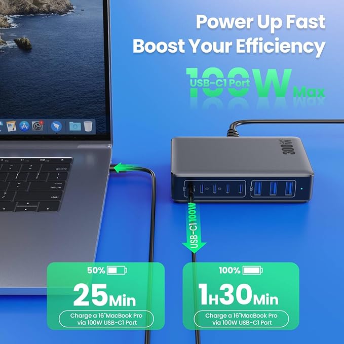 USB C Charger 300W USB C Charger Block, 8-Ports GaN IV Fast Charging Station Hub, Dual PD 100W Laptop Charger Adapter,for MacBook Pro/Air/iPad/iPhone16/15/14/Apple Watch/DELL/Samsung for Home Office-DeskLoop Office