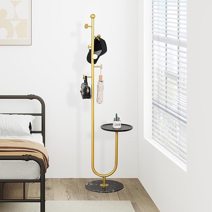 Coat Rack Stand, Metal Coat Tree with Bamboo Tray & 6 Hooks, Heavy Duty Marble Base Corner Coat Stand for Bedroom Hallway Entryway Living Room Office 13.78 x 13.78 x 68.11 Inches (Gold)-DeskLoop Office