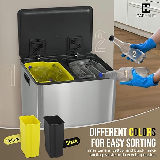 CAPHAUS Dual Trash Can with Lid, Trash and Recycling Bins Combo for Kitchen, Hands-Free Stainless-Steel Garbage Can with 2 Compartment, Hinged Lid, Odor Filter, Handles, 25L+25L, 2 x 6.6 Gallon