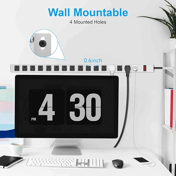 JUNNUJ Metal 16 Outlet Power Strip, Mountable Heavy Duty Power Strip, 1200J Surge Protector Wall Mount Screws Outlet with Switch, Gaming Desk Strips Wide Spaced 15A 125V 1875W, 10 FT 14AWG Power Cord-DeskLoop Office