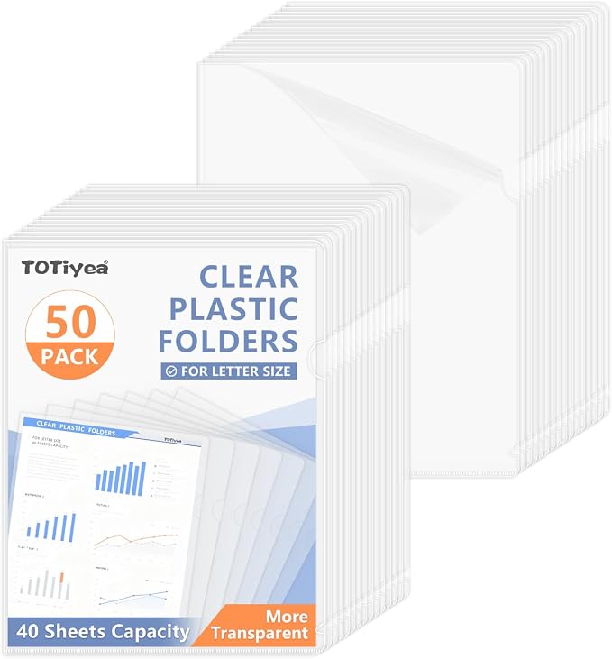TOTiyea Clear Document Folders 50 Pack, 7 Mil Thick Plastic, Letter Size | by TOTiyea