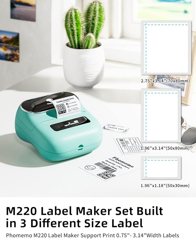 Phomemo Label Maker, M220 Thermal Label Printer, Portable Bluetooth Wireless Inkless 3 Inch Barcode Printer, Great for Home, School & Office, Compatible with Phone, PC, with 3 Label-DeskLoop Office
