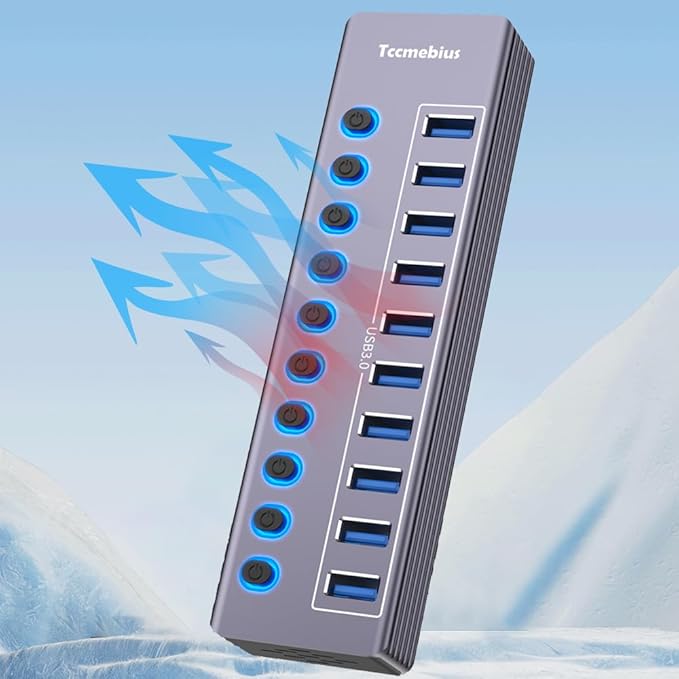 Powered 10-Port USB 3.0 Hub, USB C to 10 Ports USB Data Hub Splitter with Individual LED On/Off Switche, 3.3FT Cable, 12V/3A Power Adapter, for Laptop MacBook Pro/Air PC (Aluminum Gary)-DeskLoop Office