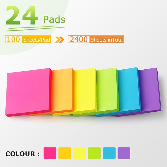 Sticky Notes 3x3 inch Bright Colors Self-Stick Pads 24 Pads/Pack 70 Sheets/Pad - Image 4