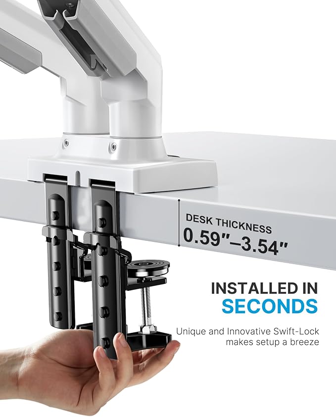 HUANUO Dual Monitor Stand - Full Adjustable Monitor Desk Mount Swivel Vesa Bracket with C Clamp, Grommet Mounting Base for 13 to 32 Inch Computer Screens - Each Arm Holds 4.4 to 19.8lbs - White-DeskLoop Office