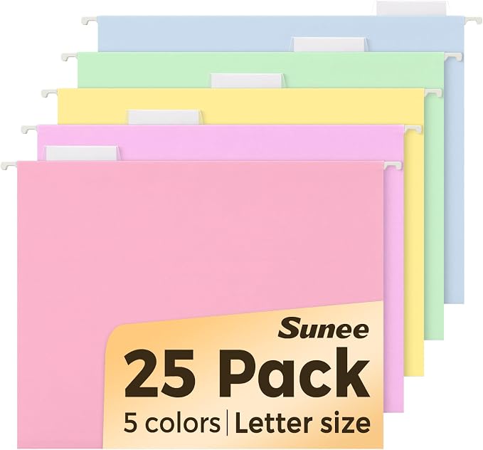 SUNEE 25 Pack Hanging File Folders, Bright Folders, Hanging File Folders Letter by SUNEE