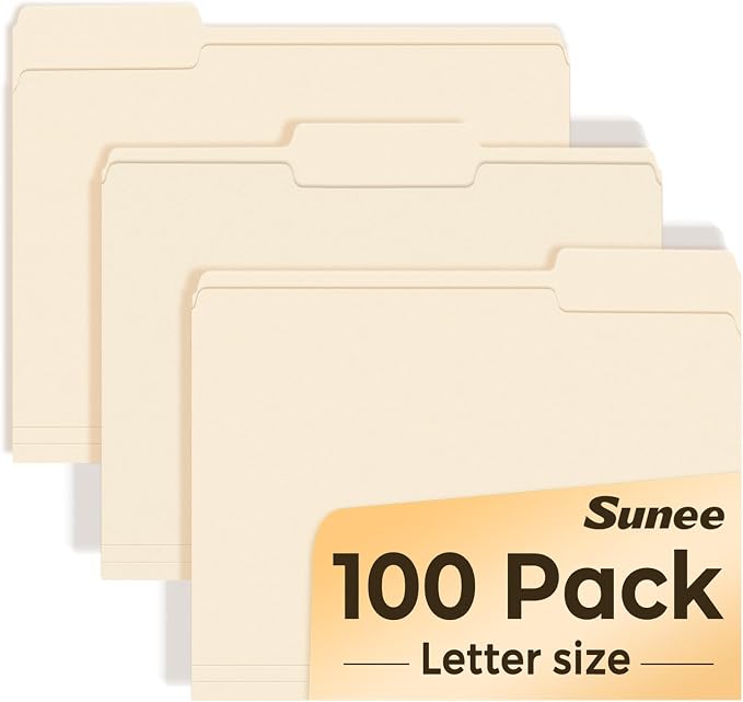 SUNEE Manilla Folders Letter Size, 100 Per Box, 1/3 Cut Tab by SUNEE