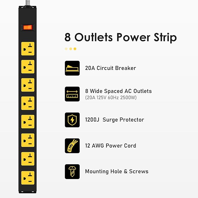 20Amp Power Strip Surge Protector, Long Metal 8-Outlets with Heavy Duty 20 amp 6Ft 12 Gauge Extension Cord for Garage Workshop & Industrial Use, 1200J-DeskLoop Office
