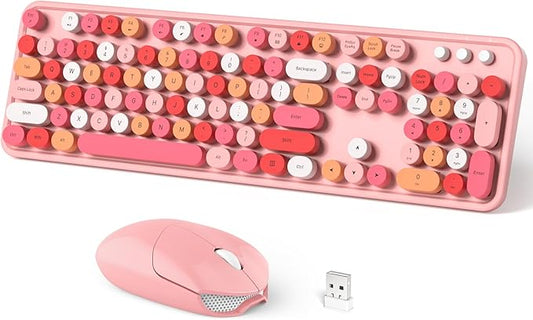Wireless Keyboard and Mouse Combo, 104 Keys Full-Sized 2.4 GHz Round Keycap Colorful Keyboards, USB Receiver Plug and Play, for Windows, PC, Laptop, Desktop (Pink)-DeskLoop Office