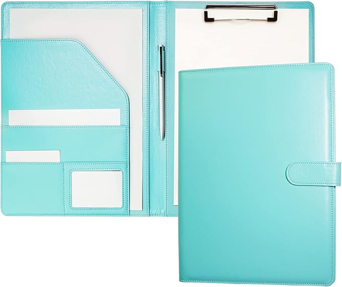 Clipboard Folder Padfolio, Writing Portfolio Faux Leather Clipboards with Cover for Legal Pad Holder Letter Size A4 8.5 x 11 for Business Conference Notepad Clip Boards (Pale Turquoise)-DeskLoop Office